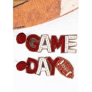 BURGUNDY AND WHITE 'GAME DAY' BANNER FOOTBALL SEED BEAD EARRINGS